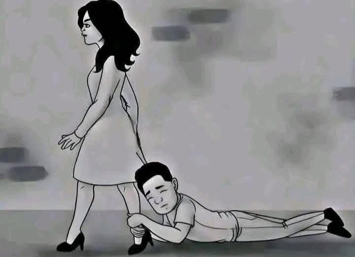 Imagen simbólica de una mujer decidida dejando atrás a un hombre desvalorizado